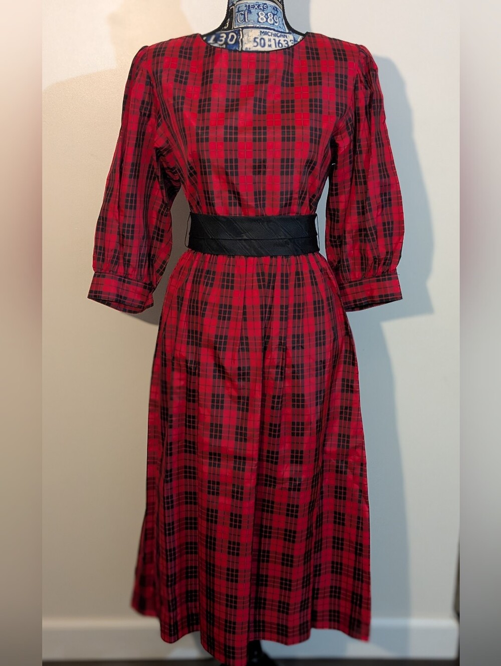 Lanz Originals Vintage Red & Black Plaid Prairie Style Belted Dress